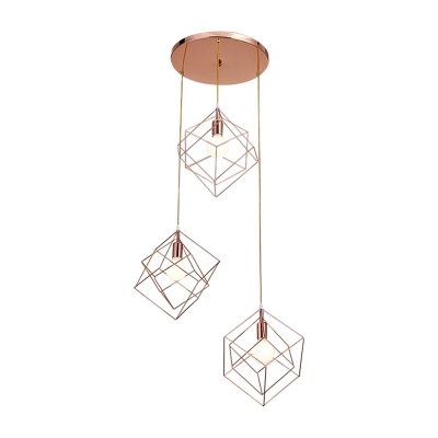 Iron Double Cube Cage Cluster Pendant Postmodern 3-Light Rose Gold Hanging Light Fixture