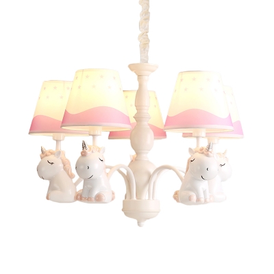 Kids Sleeping Unicorn Pendant Lamp Resin 5 Heads Bedroom Chandelier with Cone Shade in Pink/Blue