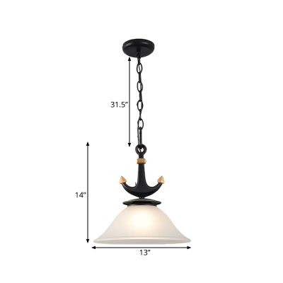 Mediterranean Anchor Down Lighting Metal 1 Light Bedroom Pendant in Black with Flared/Cylinder Opal Glass Shade, Large/Small
