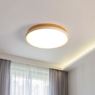 Metal Round Flush Ceiling Light Simplicity White and Wood Grain LED Flush Mount Recessed Lighting in Warm/White Light