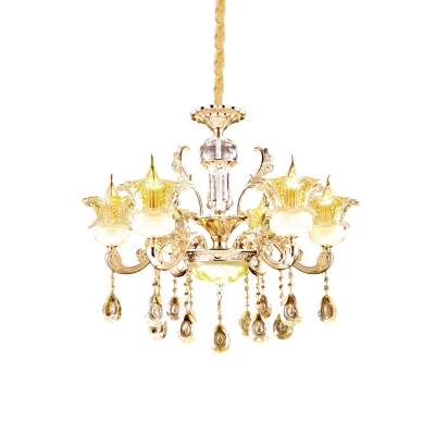 Mid Century Flower Up Hanging Chandelier Clear Crystal Glass 6 Lights Dining Room Pendant Light Kit in Gold