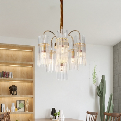 Modern Cylinder Hanging Lamp 6-Light Clear Crystal Rod Chandelier Lighting Fixture for Bedroom
