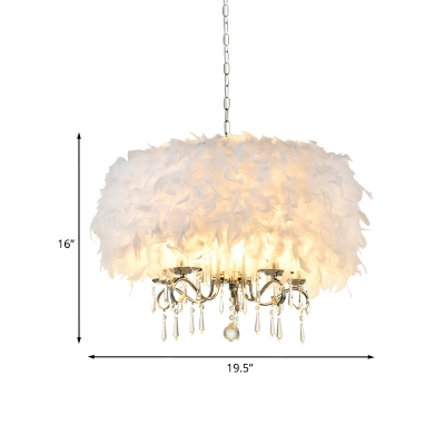 Modernist Drum Chandelier 5-Bulb Handmade Feather Ceiling Pendant Lamp with K9 Crystal in White