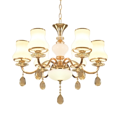Modernist Pear Shaped Chandelier 6-Light Ivory Glass Hanging Ceiling Light with Crystal Drop in Champagne