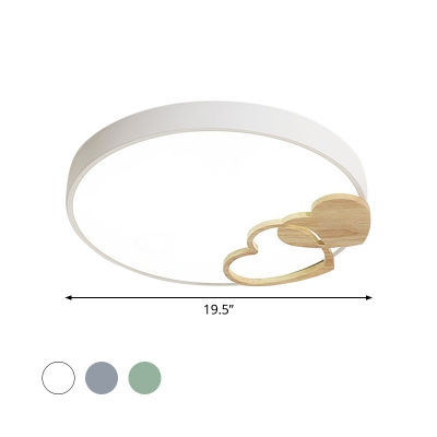 Nordic Circle Ceiling Mounted Lamp Metallic LED Bedroom Flush Lighting in Green/White/Grey with Wooden Loving Heart Decor