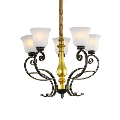 Paneled Bell Frosted Glass Hanging Chandelier Countryside 5 Lights Living Room Ceiling Light in Black and Gold with Swirl Arm