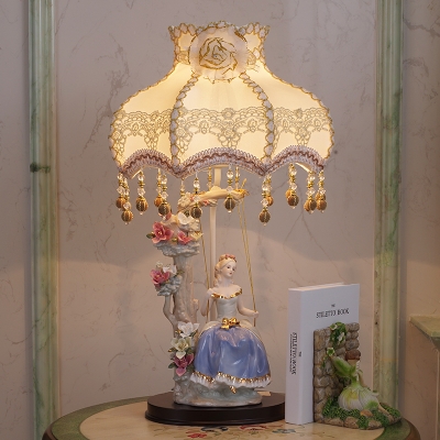 Pastoral Princess On The Swing Night Lamp 1 Head Ceramic Table Light with Flower Fabric Shade in Beige
