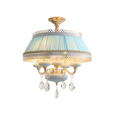 Pink/Blue 4 Lights Hanging Lamp Rustic Pleated Fabric Tapered Chandelier with Rick Rack Trim and Candle Design