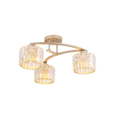 Rectangle-Cut Crystal Gold Semi Flush Cylindrical 3 Lights Simple Flush Mount Lighting