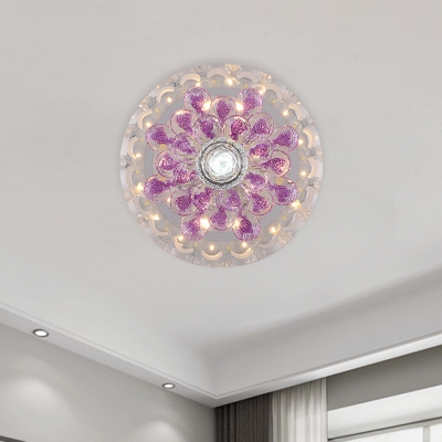 Round Foyer Flush Mount Light Fixture Amber/Purple Crystal LED White Flushmount Ceiling Lamp