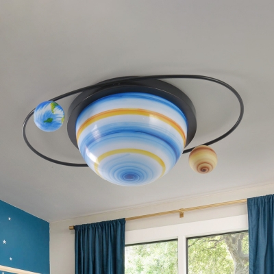 Semiglobe Bedroom Ceiling Mounted Light Blue Planet Glass 2 Heads Cartoon Flush Lamp in White/Warm Light