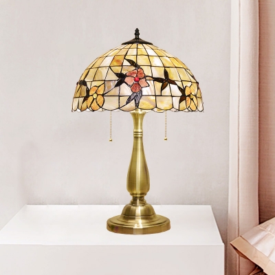Shell Gold Night Light Dome Shape 2-Light Tiffany Pull Chain Desk Lighting with Flower Pattern