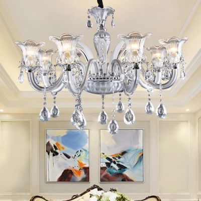 Silver Flower Chandelier Contemporary Clear Glass 6/8 Heads Bedroom Pendant with Crystal Drop