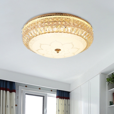 Simple Domed Flush Light Fixture White Glass LED Crystal Ceiling Flush Mount in Gold