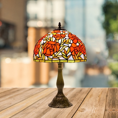 Stained Glass Pink/Orange Table Lighting Bowl Shape 1-Head Baroque Desk Light with Rose Pattern