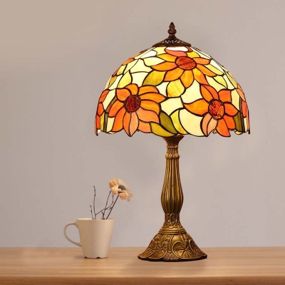 Sunflower Patterned Night Lamp Victorian Hand Cut Glass 1-Light Dark Brown Table Lighting with Bowl Shade