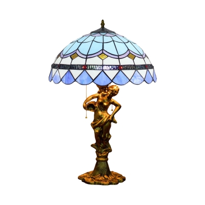 Tiffany Domed Night Table Lighting 3 Heads Stained Glass Woman Desk Lamp in Beige/Blue and White/Blue and Brown with Pull Chain