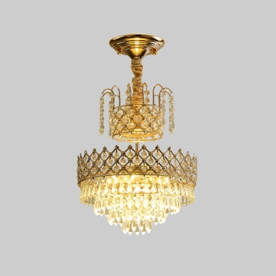 Traditional 2 Layer Chandelier Light Fixture K9 Crystal LED Ceiling Pendant Lamp in Gold