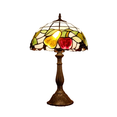 Victorian Fruit Table Lamp 1-Head Stained Art Glass Nightstand Lighting in Bronze with Dome Shade