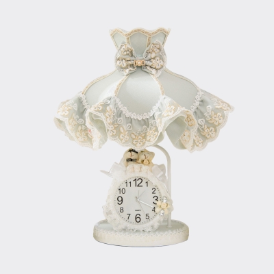 White 1-Light Night Lamp Rustic Fabric Royal Dress Table Lighting with Clock Decor