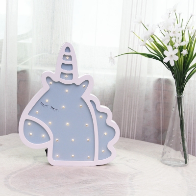 Wood Unicorn Head Mini Table Lamp Cartoon Pink/Blue Battery Operated LED Night Stand Light with Wall Hanging Hole