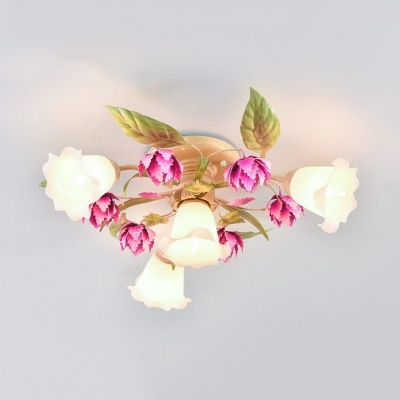 1/4-Head Opal Glass Semi Flush Korean Garden Rose Red Floral Bedroom Flush Mount Light