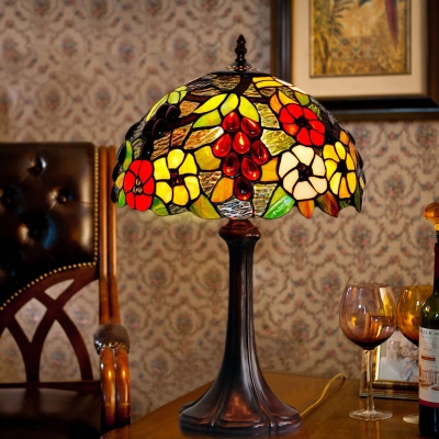 1-Bulb Flower and Grape Night Lamp Mediterranean Bronze Stained Art Glass Nightstand Light