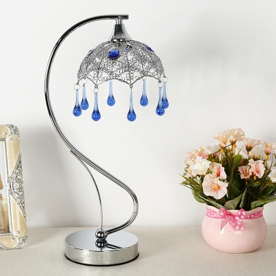 1 Head Hollowed Out Dome Table Light Pastoral Chrome Metal Nightstand Lamp with Gooseneck Arm and Crystal Drip
