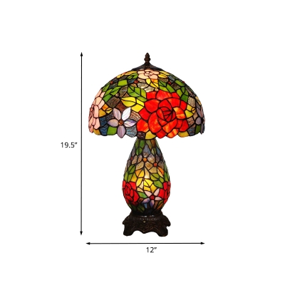 1 Light Bowl Table Lamp Tiffany Style Bronze Stained Glass Flower Patterned Night Light