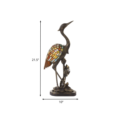 1 Light Crane Shaped Table Lamp Tiffany Bronze Finish Stained Glass Nightstand Light with Resin Base