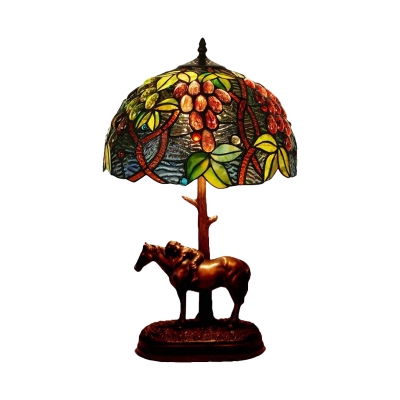 1 Light Table Lamp Tiffany Style Horse Base Resin Night Lighting in Coffee with Grape Pattern
