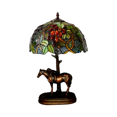 1 Light Table Lamp Tiffany Style Horse Base Resin Night Lighting in Coffee with Grape Pattern