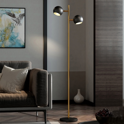 2-Head Living Room Stand Up Lamp Postmodern Black and Brass Floor Lighting with Adjustable Dome Metal Shade