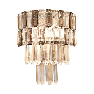 2-Light 4 Tiers Tapered Wall Lamp Modern Style Smoke Grey Crystal Flush Mount Wall Sconce for Dining Room