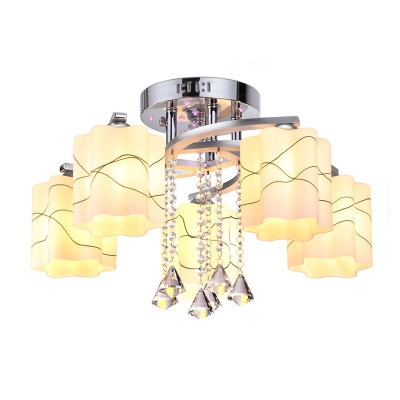 3/5-Head Cylindrical Flower Flushmount Modern Chrome Opal Glass Semi Flush Mount Ceiling Light with K9 Crystal Accent