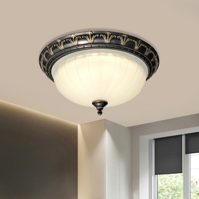 3 Heads Flush Mount Lamp Countryside Bowl White Ribbed Glass Ceiling Fixture for Living Room