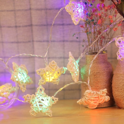 40-Head Bedroom Festoon Light Kids Beige LED Lamp String with Weaving Pentagram Wood Shade in Warm/Multi-Color Light, 5M