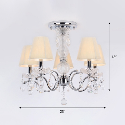 5-Head Semi Flush Chandelier Modern Cone Fabric Ceiling Mount Lamp with Crystal Accent in Chrome