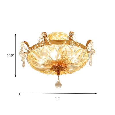5-Light Crystal Semi Flush Mount Vintage Brass Basket Dining Room Close to Ceiling Lamp with Ball Finial