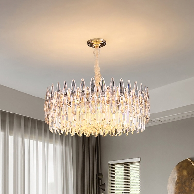 6-Bulb Halo Hanging Chandelier Modern Gold Crystal Prism Pendant Light Fixture for Living Room