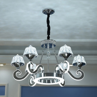 6-Head Scroll Arm Chandelier Modern Style Chrome Finish Crystal Hanging Light Fixture