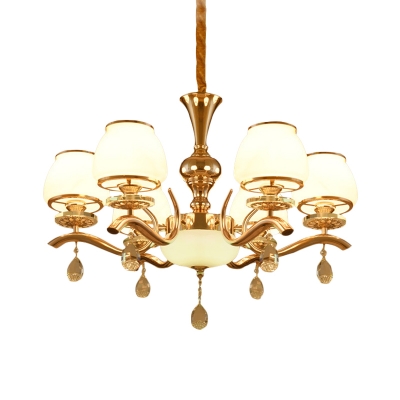 6 Heads Chandelier Pendant Light Modern Bedroom Drop Lamp with Bowl White Glass Shade in Gold