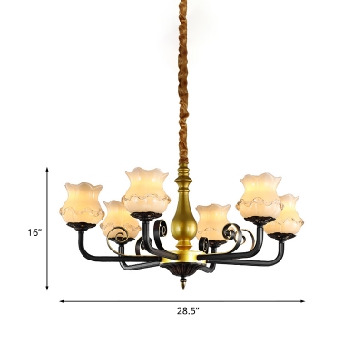 6 Heads Flower Ceiling Chandelier Country Black Finish White Glass Suspension Lamp