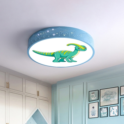 Acrylic Drum Ceiling Flush Cartoon Red/Blue/Green LED Flush Light Fixture with Dinosaur Pattern for Nursery