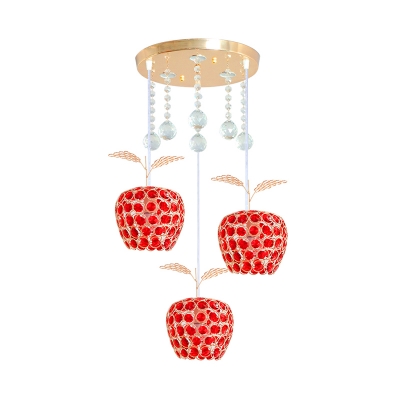 Apple Shape Dining Room Cluster Pendant Red Crystal 3 Heads Contemporary Down Lighting