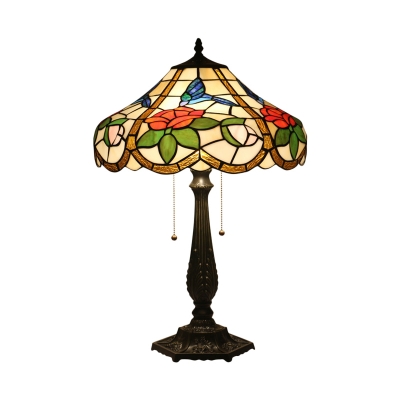 Baroque Tower Night Table Light 2 Heads Stained Glass Rose and Bird Patterned Nightstand Lamp in Bronze