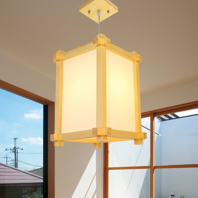 Beige Rectangle Ceiling Hanging Lantern Japanese Style 1-Light Wood Pendant Light for Sushi House