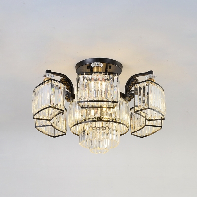 Black 9/12 Bulbs Semi Flush Light Modern Crystal Prism Floral Close to Ceiling Lighting Fixture