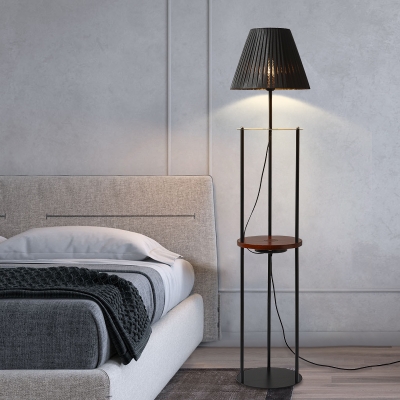 Black Parallel-Leg Reading Floor Light Nordic Single Metal Standing Lamp with Tray and Cone Pleated Fabric Shade
