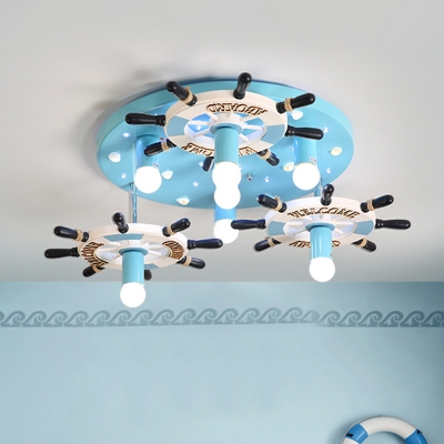 Blue Rudder Ceiling Lighting Kids Style 7-Light Wood Semi Flush Mount Lamp with Naked Bulb Design